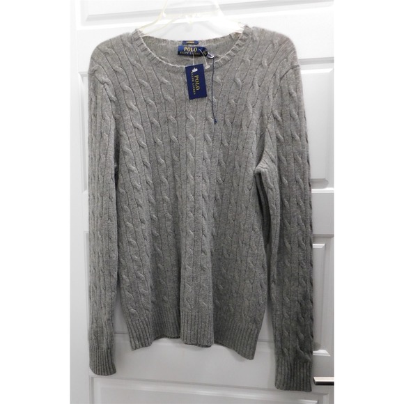 New Polo Ralph Lauren Gray 100% Cashmere Cable Knit Sweater sz‎ XL $398rt
